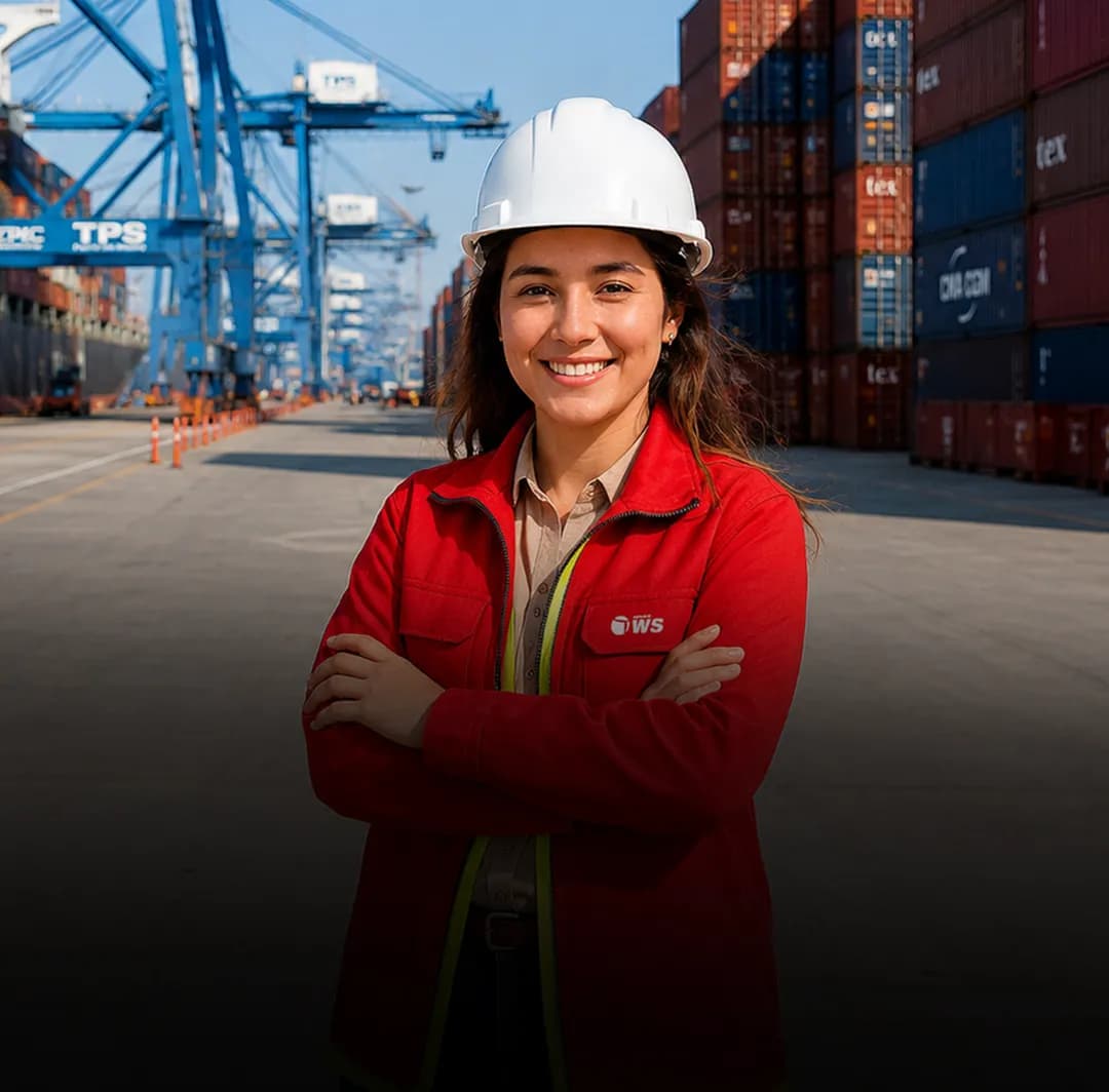 Ejecutiva WS Cargo en puerto con contenedores